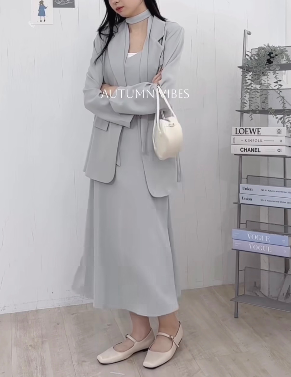 全新 西裝外套+洋裝+圍巾繞脖 三件套裝 藍