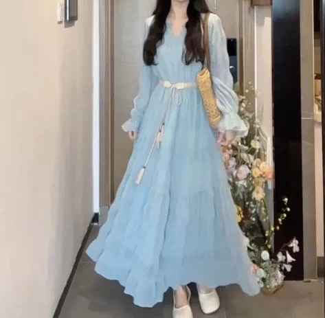 全新 淺藍色厚磅雪紡洋裝 /附腰帶