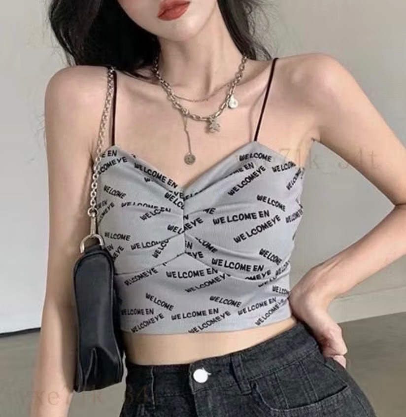 全新 字母細肩小吊帶背心 灰