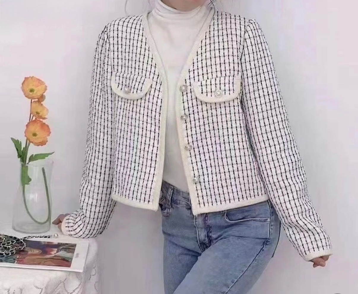 小香風千鳥格外套 白