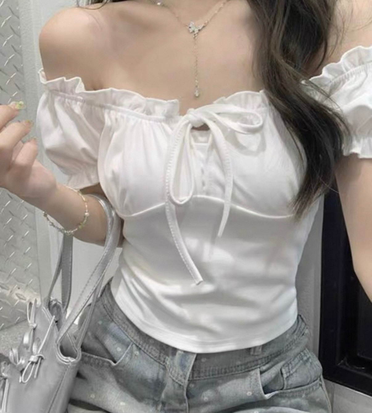 全新 一字領蝴蝶結短袖上衣 白
