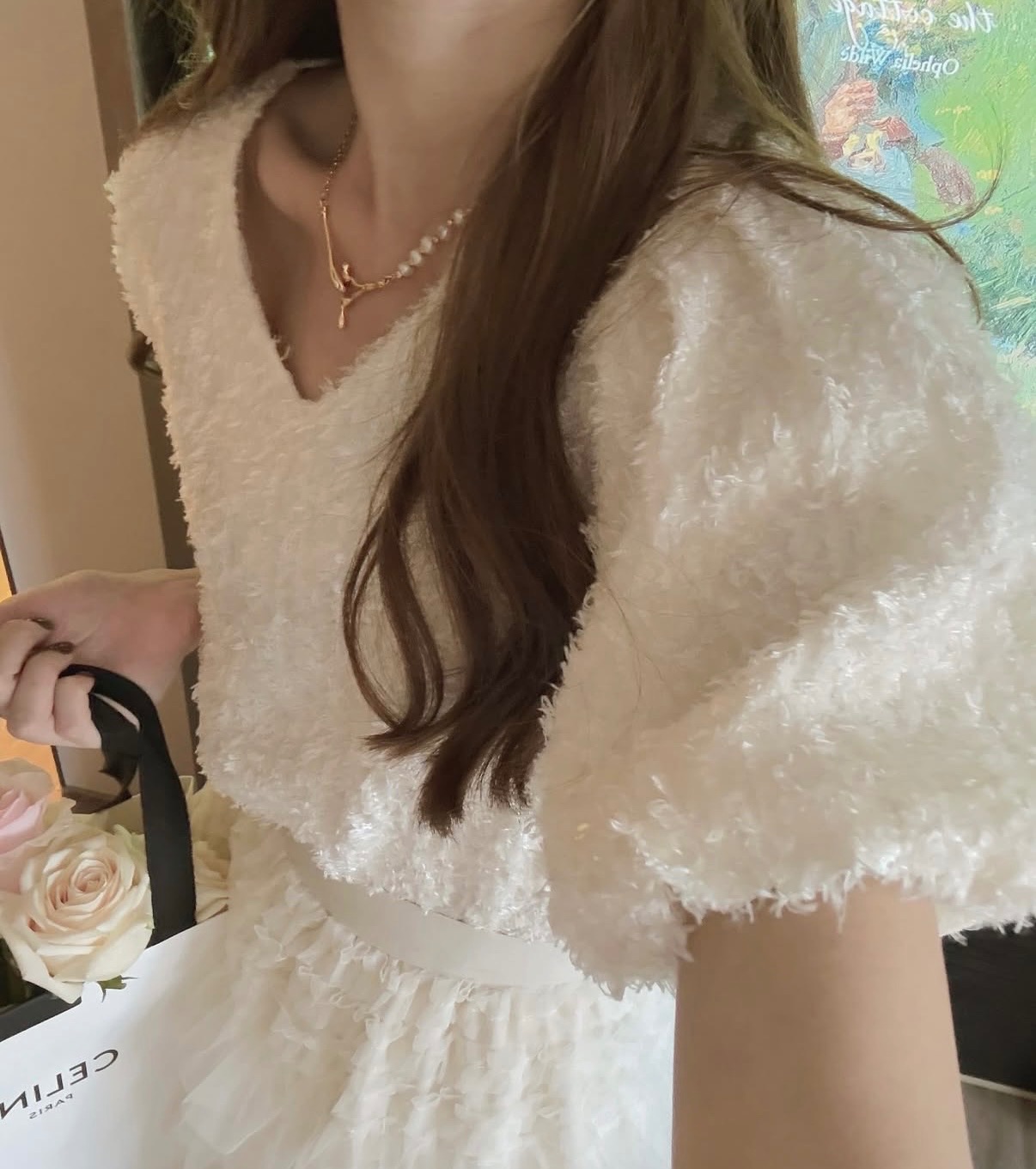 全新 澎袖細閃上衣 米色