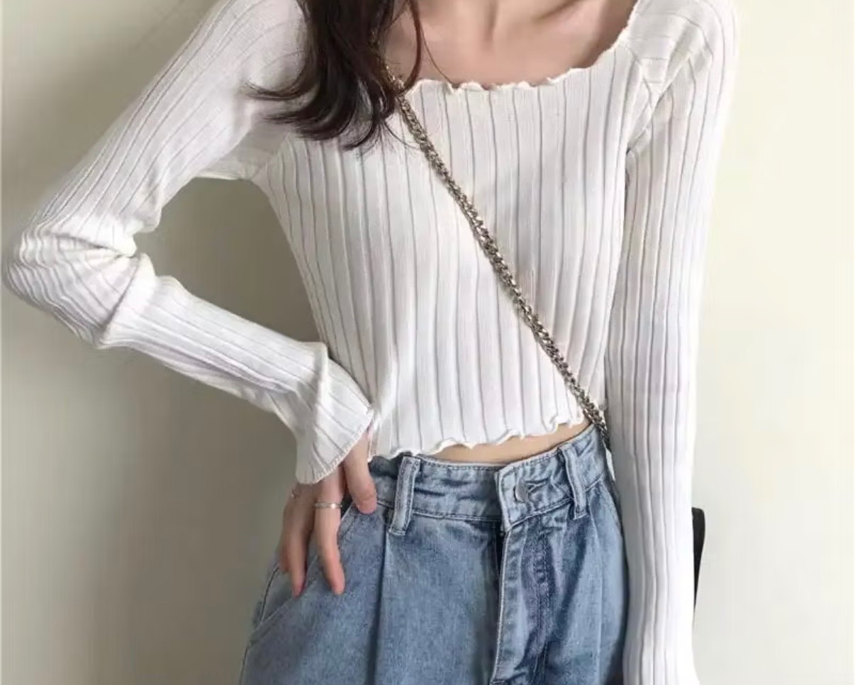 短版針織長袖 白