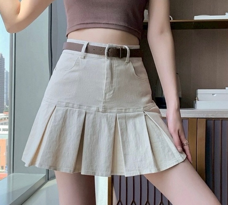 全新韓版百褶短裙 杏