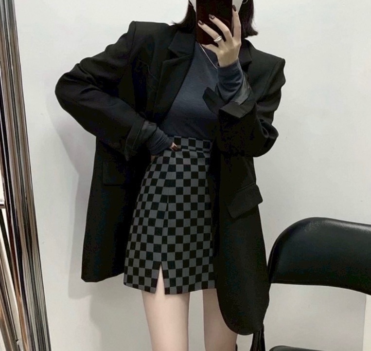 棋盤A字短裙 黑