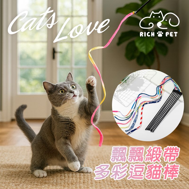 【RICH PET】飄飄緞帶多彩逗貓棒 隨機出貨 逗貓棒 貓咪玩具 貓玩具 寵物玩具 逗貓 T026