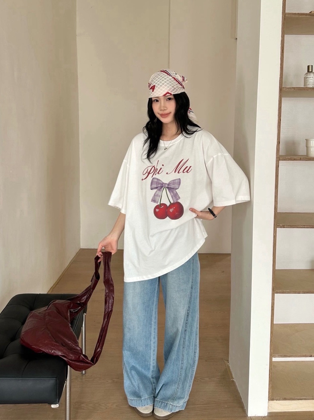 🍒經典復古｜格子蝴蝶結櫻桃廓形大Tee