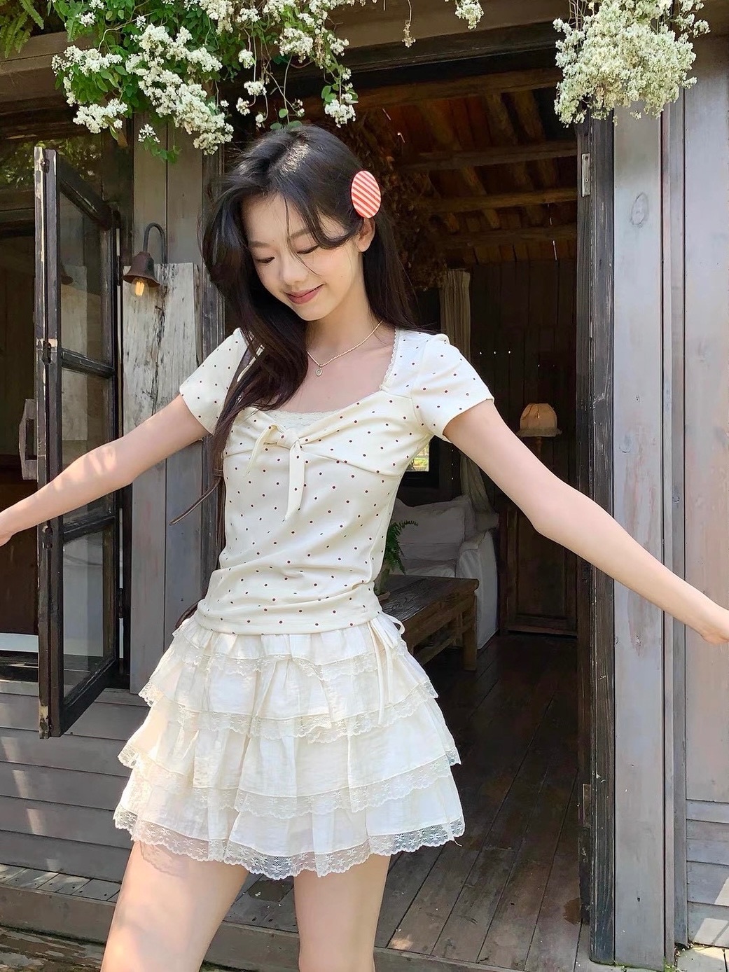 初戀氛圍˖ . ݁𝜗𝜚. ݁₊腰綁結層次蕾絲蛋糕裙