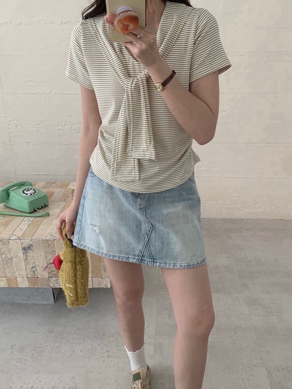 假披肩綁帶抓腰條紋短Tee୨୧