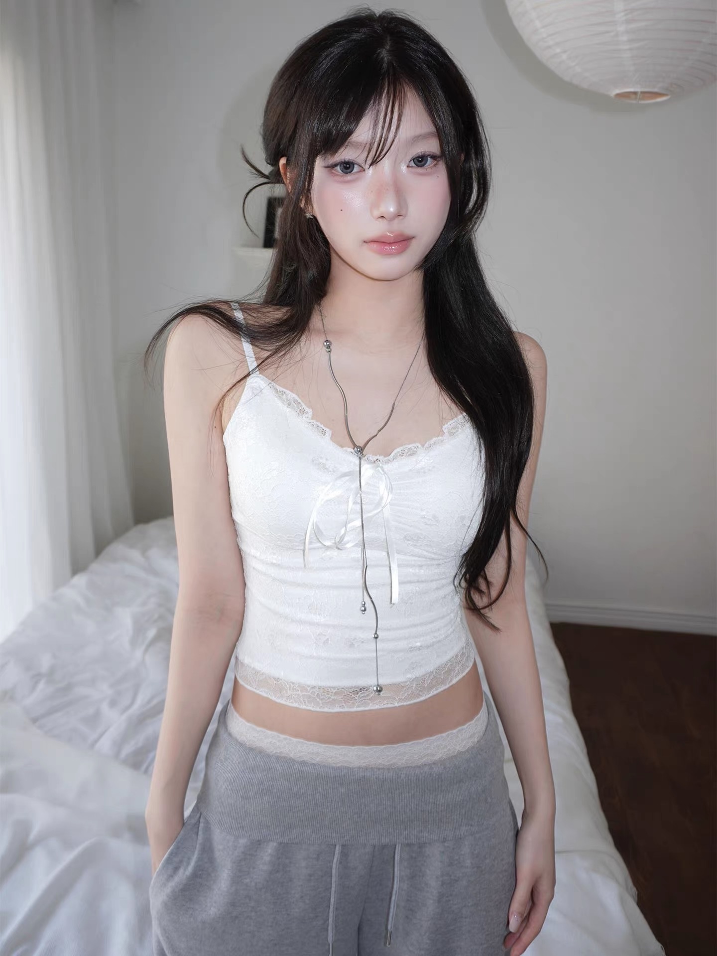 韓網同款.ᐟ.ᐟ 層次蕾絲花邊系帶胸墊背心