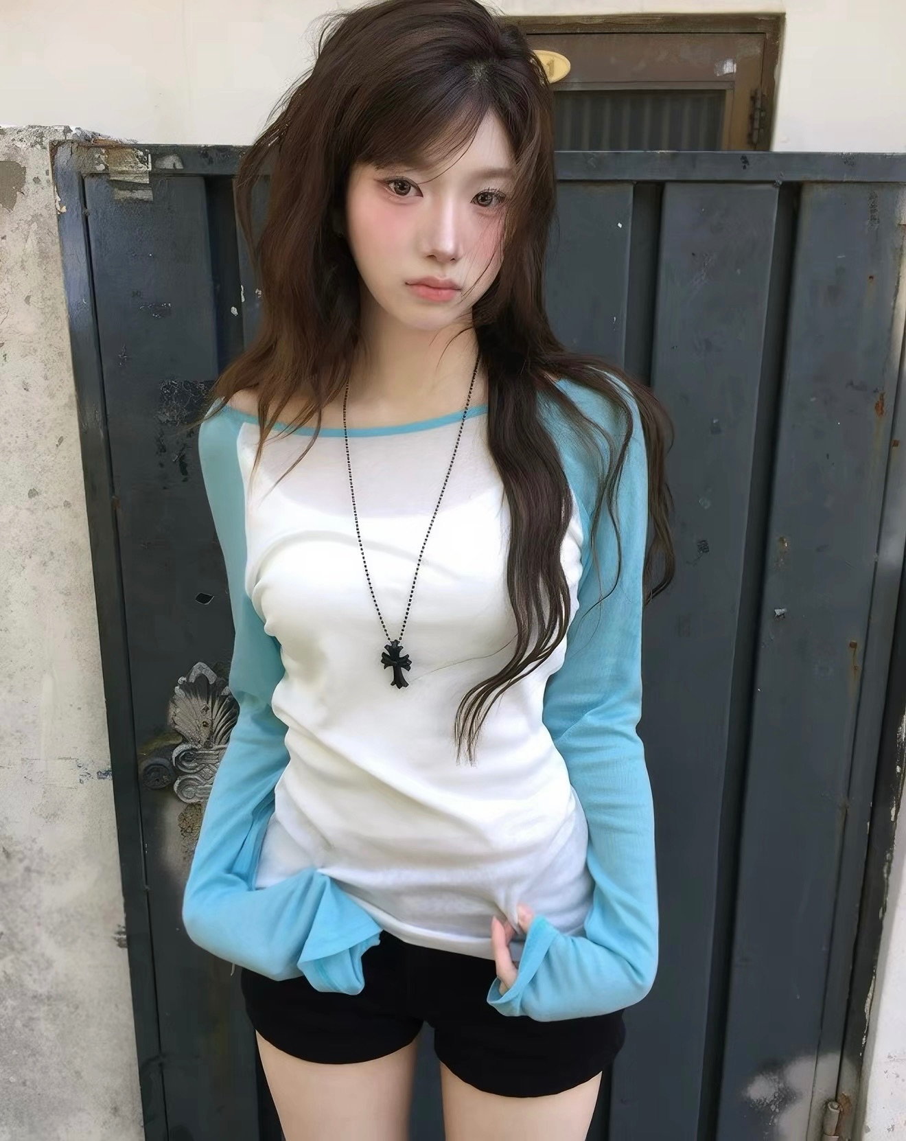 韓系寬鬆撞色寬領上衣