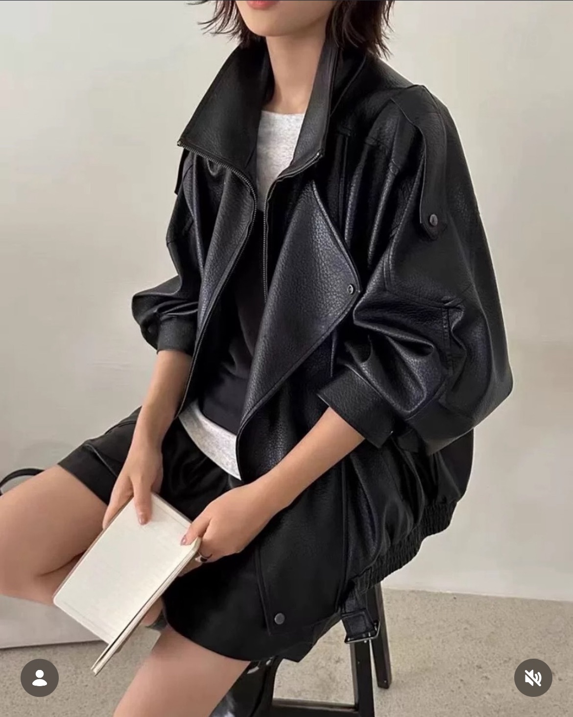 超質感Oversized 中性復古雙領寬鬆皮皮衣