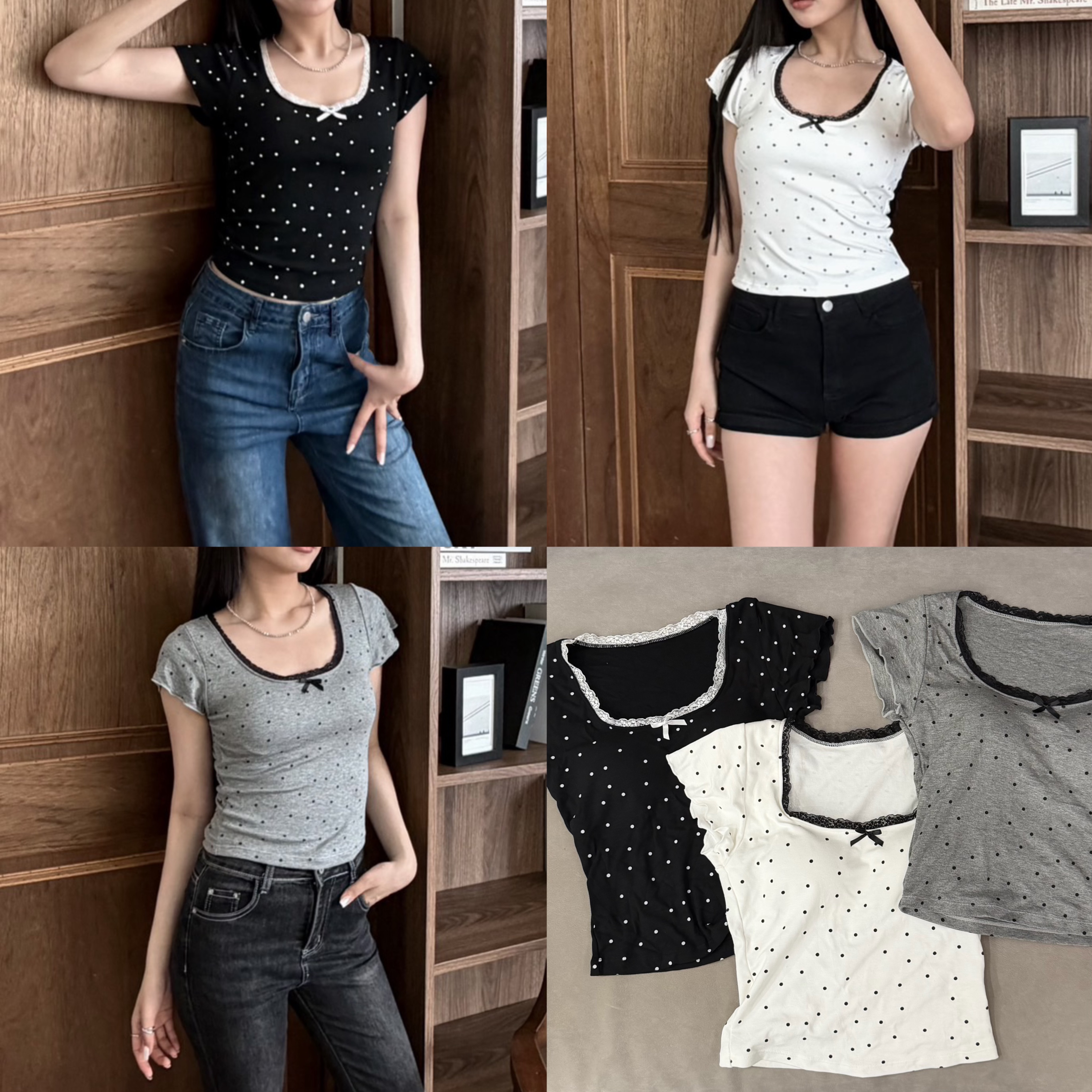 日系甜美蕾絲波點Bra top/有胸墊