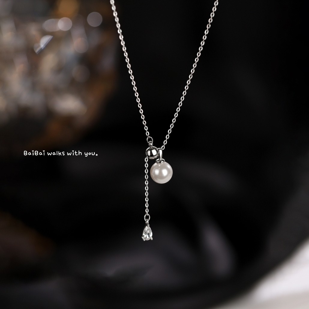 鈦鋼鏈♡ 垂墜珍珠抽繩項鍊｜Pearl Drop Adjustable Necklace 