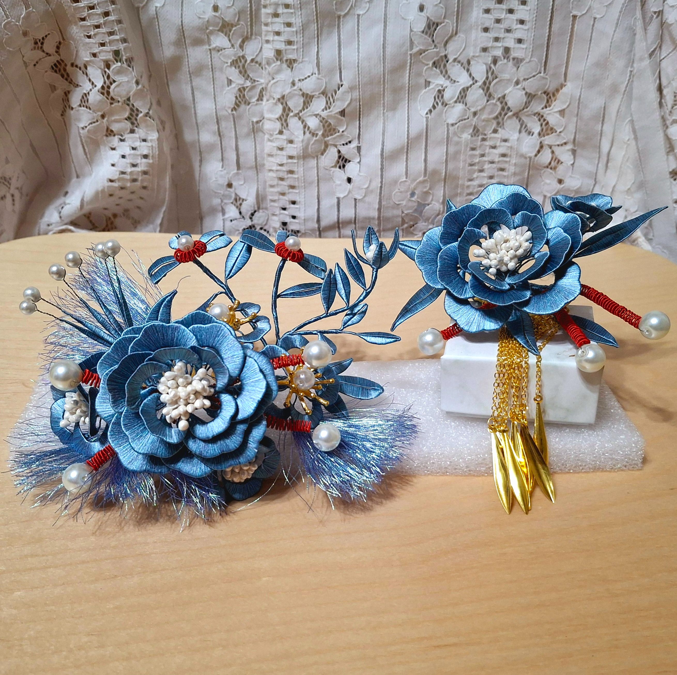 【材料包成品】鄰家小琴仿故宮點翠藍色妖姬髮梳及後壓一套