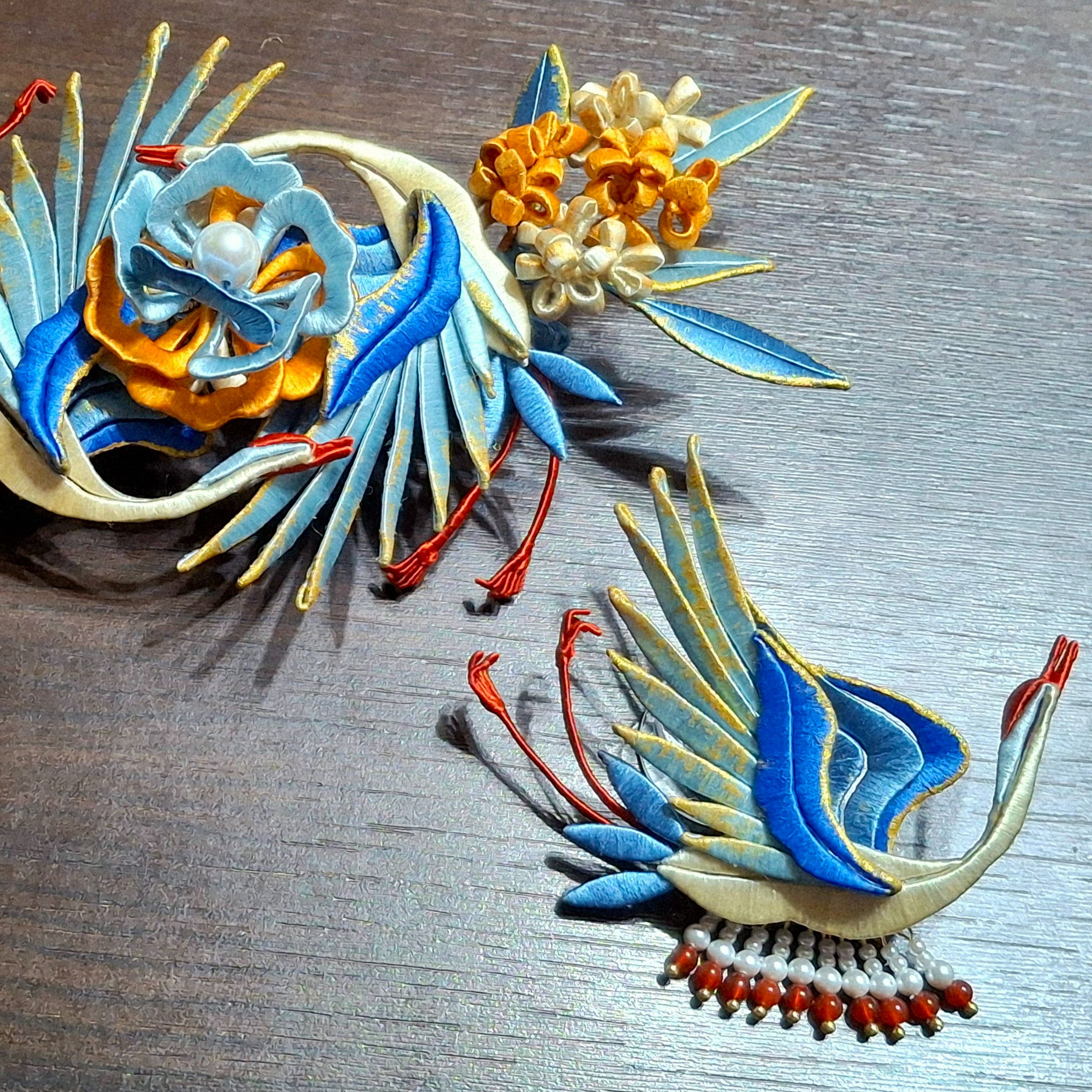 【材料包成品】嵐尚宮仙鶴桂花鴨嘴髮夾及流蘇胸針