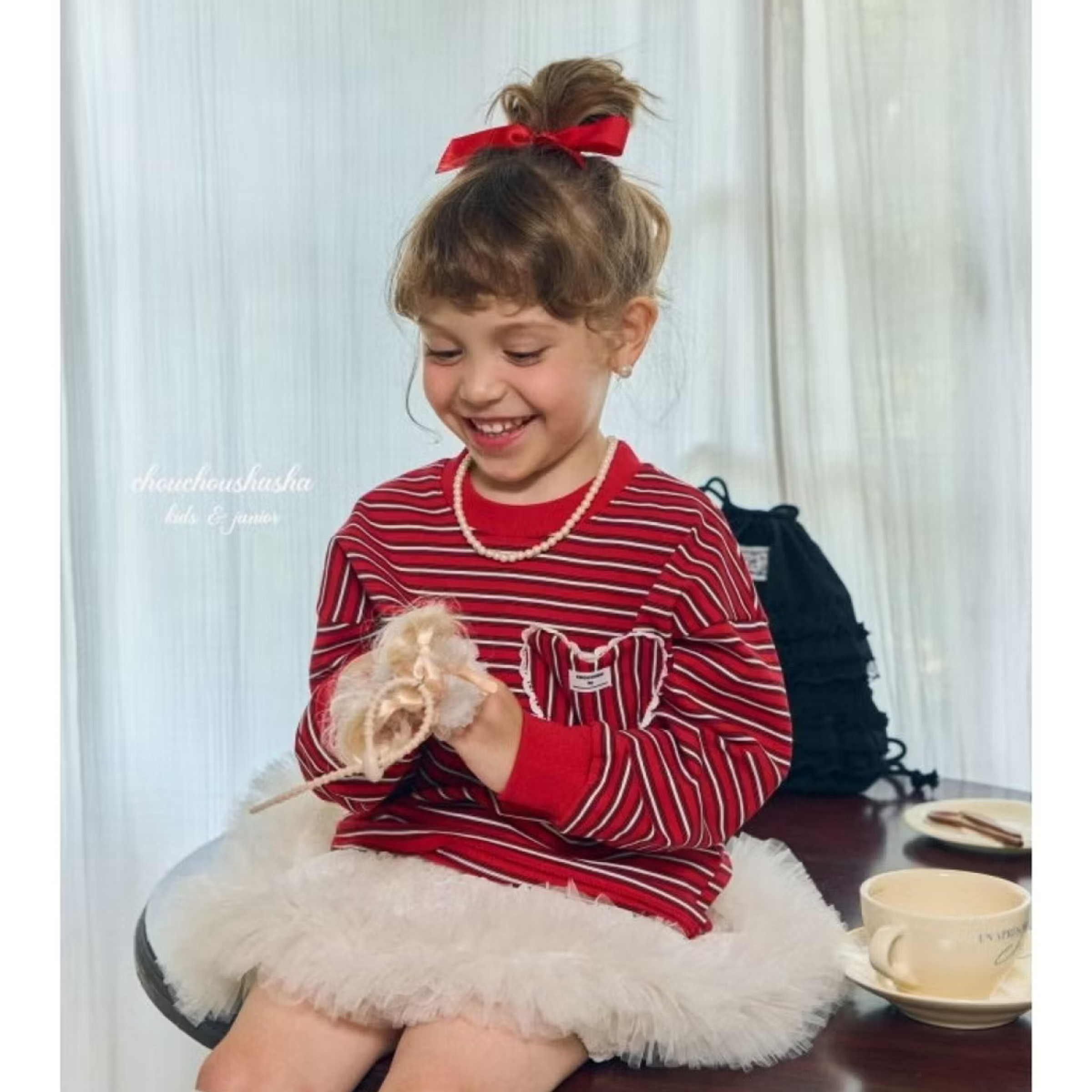 正韓女童紅色條紋愛心口袋大學服 台灣現貨100