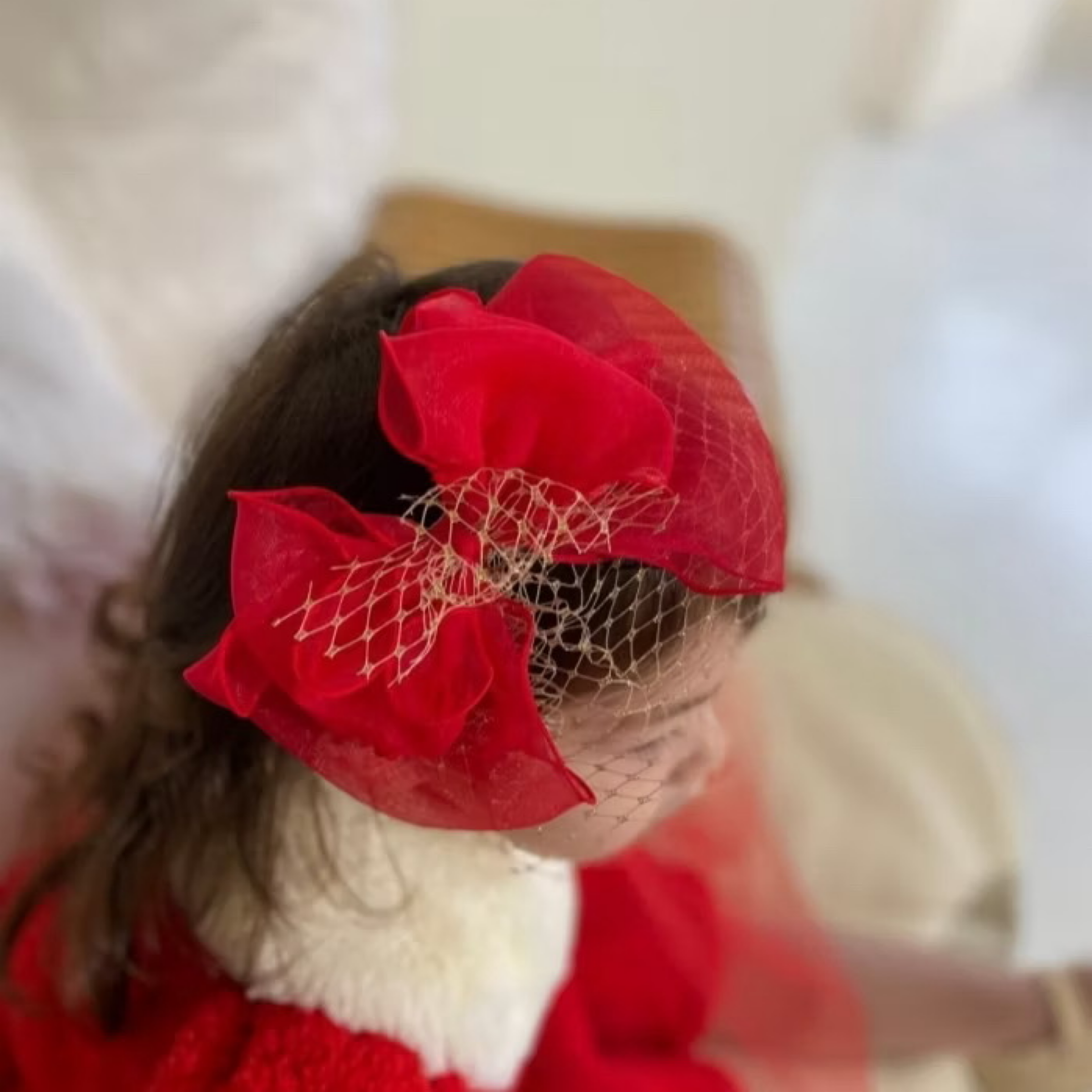 正韓女童紅色蝴蝶結金網紗髮箍