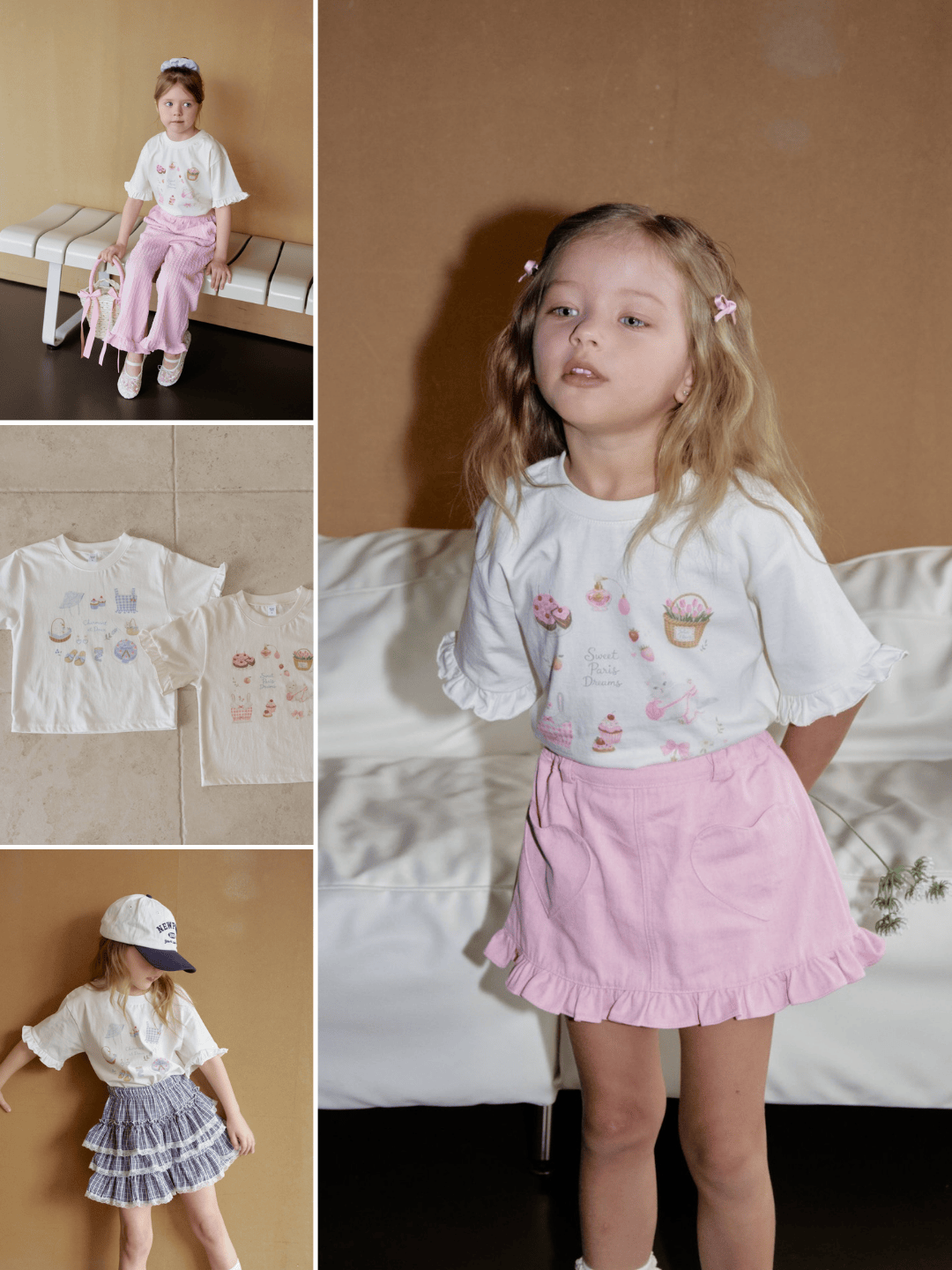 女童野餐圖案荷葉袖上衣｜預購90~130｜正韓童裝 MOMO ANN