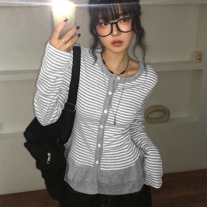 現貨-韓系灰色條紋小裙擺上衣