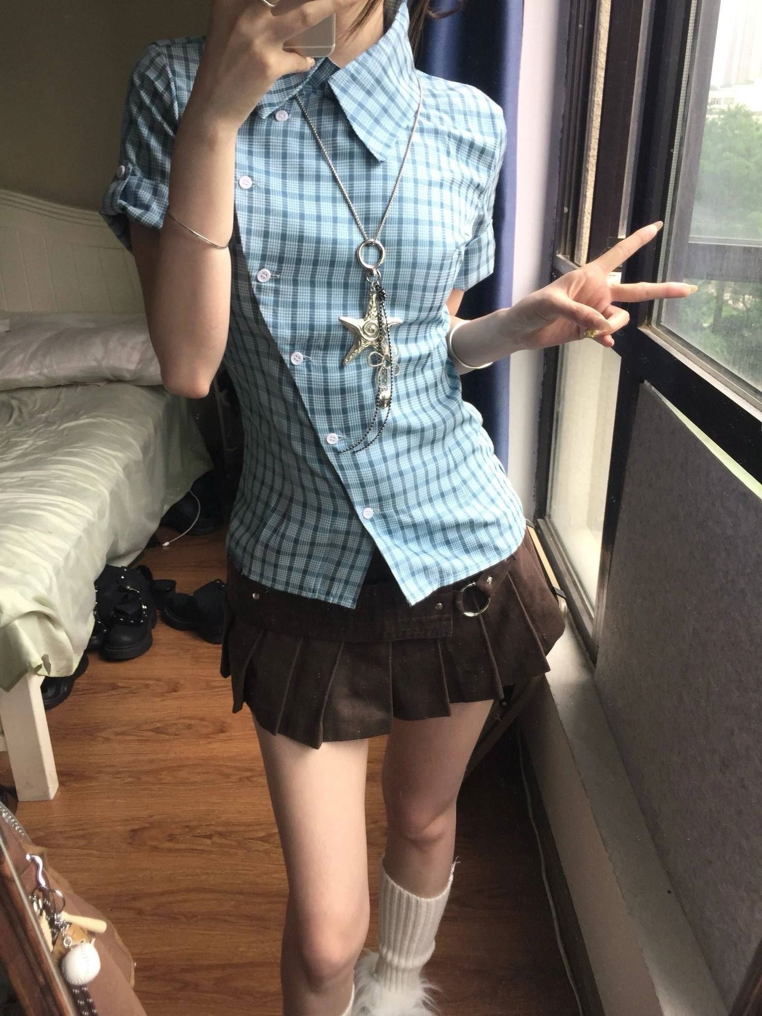 現貨-斜邊特別格紋水藍襯衫
