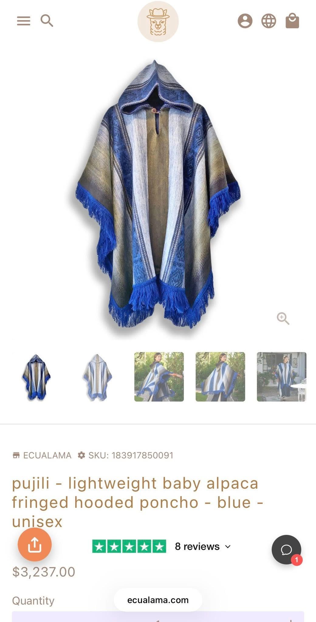 Pujili - Lightweight Baby Alpaca Fringed Hooded Poncho -Blue
