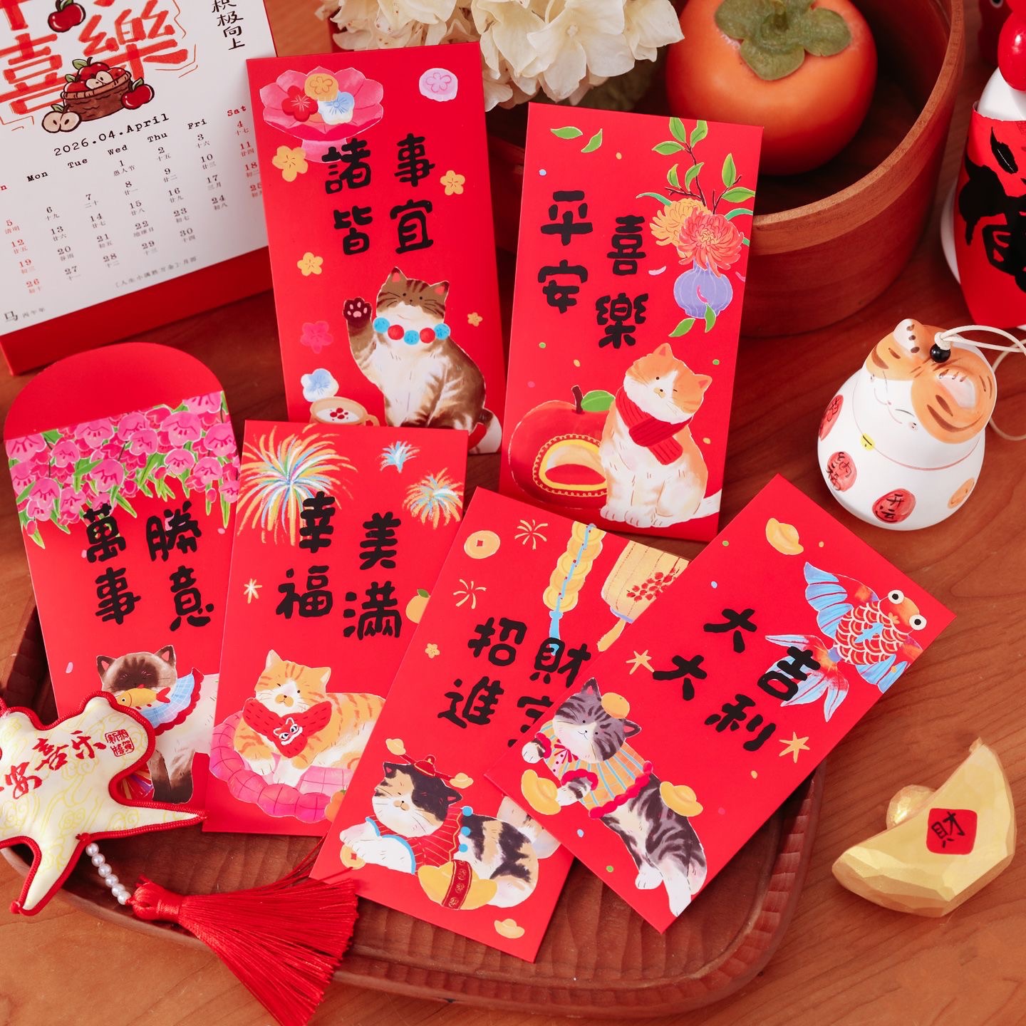 新年手繪風紅包袋🧧6入（小貓/小狗/小馬）
