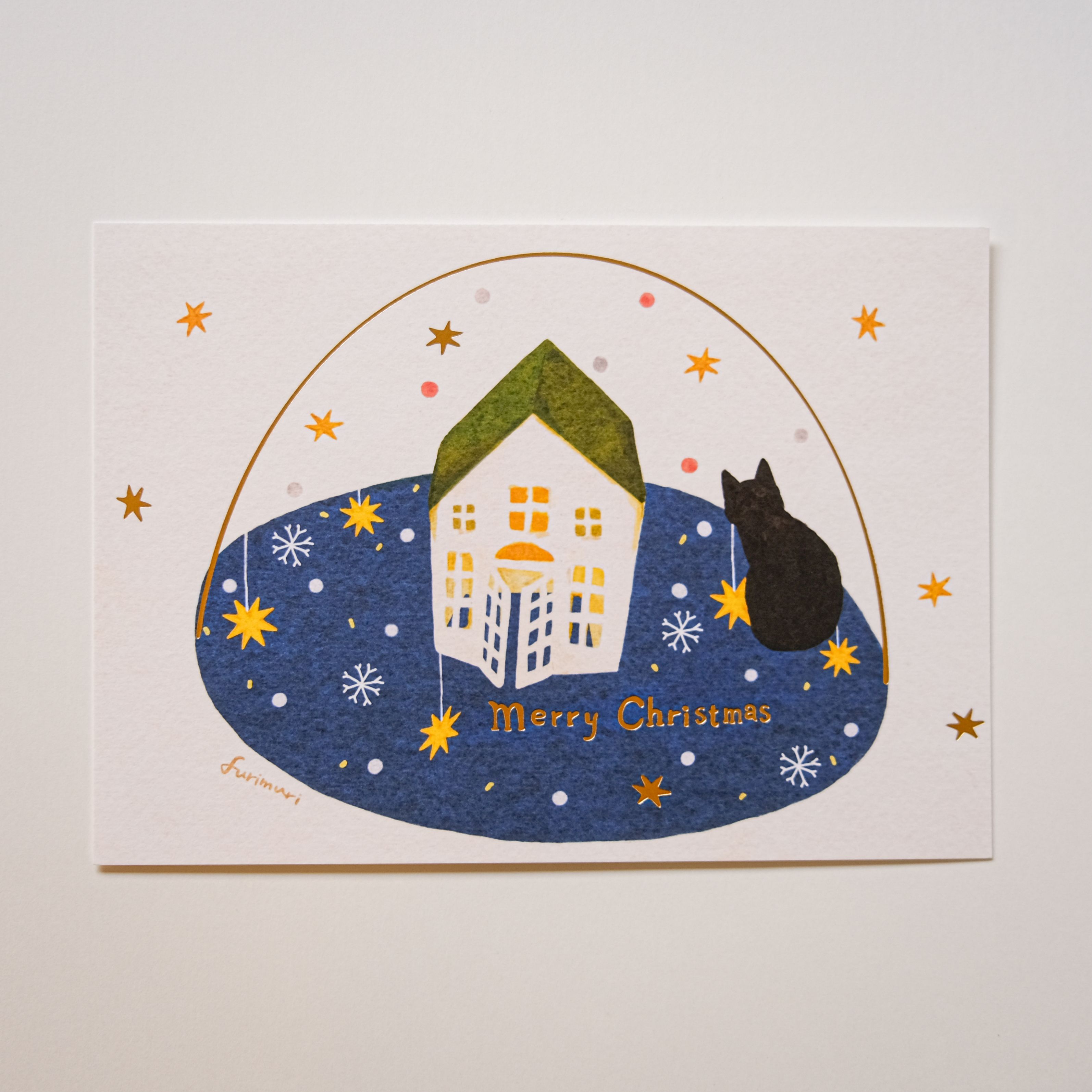 燙金聖誕明信片 Merry Christmas聖誕水晶球的小黑貓