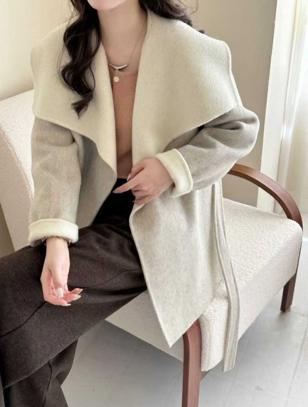 羊毛撞色大翻領腰綁帶外套