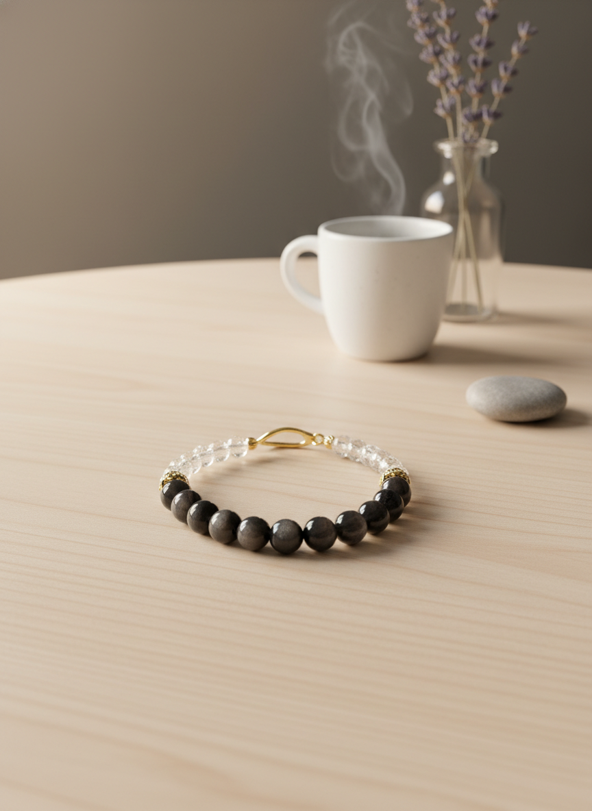 半盞清輝｜願妳在喧囂世界裡，保有一份清醒的溫柔 #心靈平靜 #黑貓眼石 #白水晶手鍊 #開運飾品 #防小人手鍊