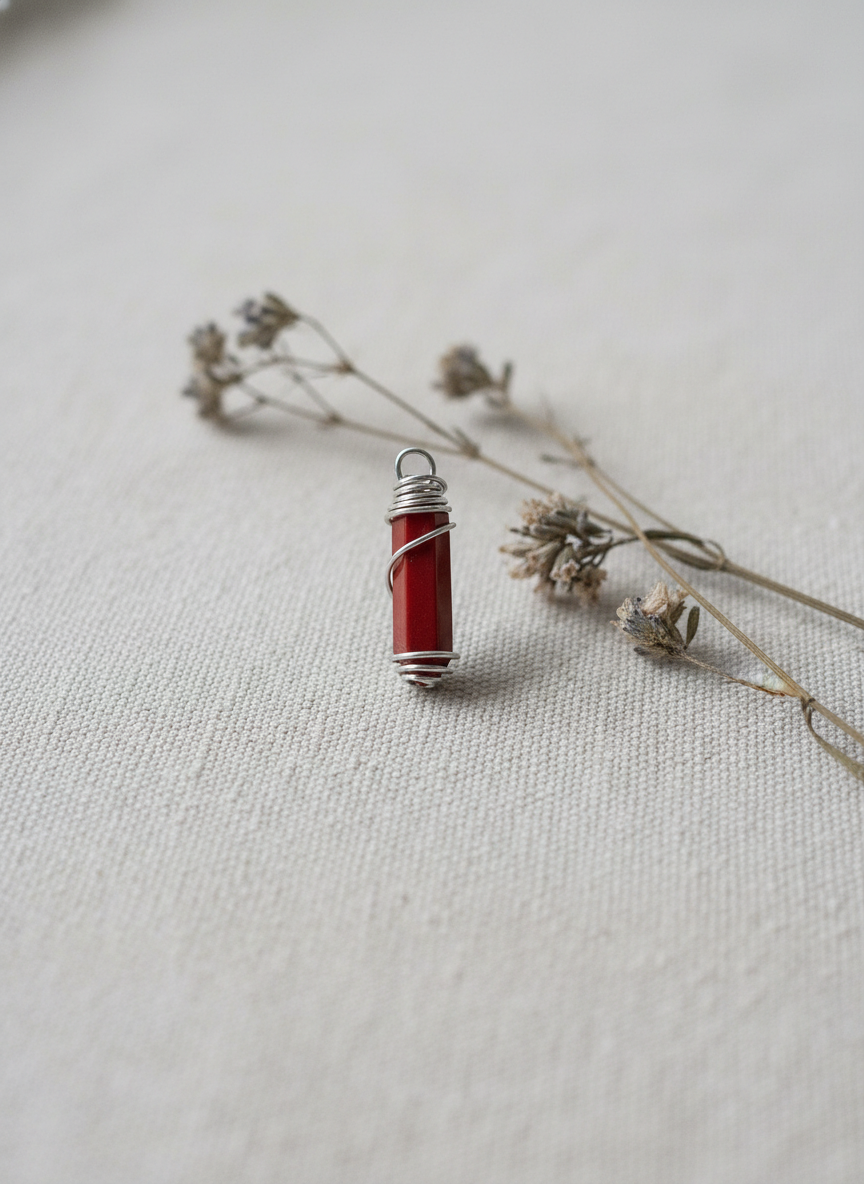 能量之火｜紅碧玉手工鋼線繞六角晶柱吊墜 生命力與執行力 告別拖延與疲憊 海底輪 五行火