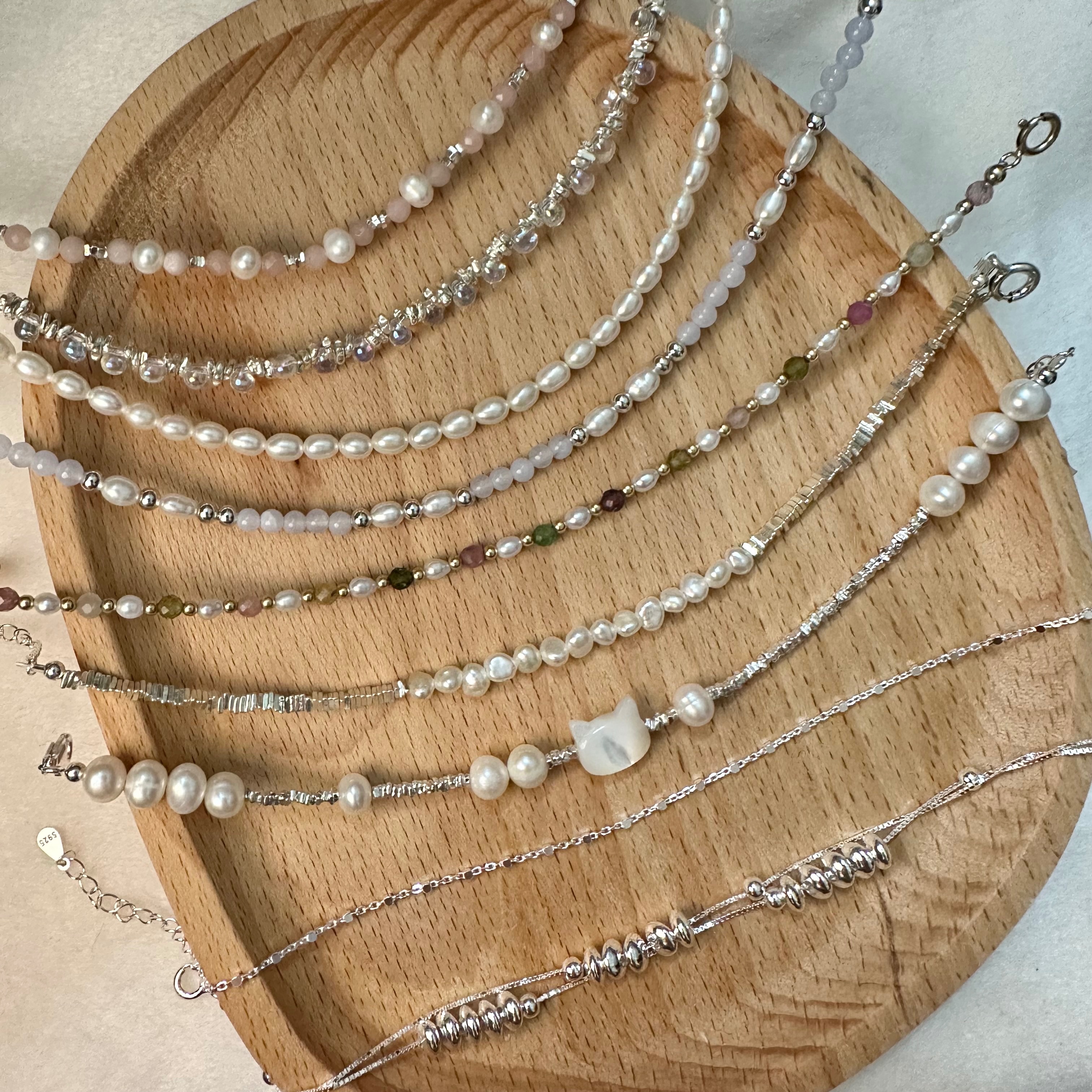 純銀手鍊-天然珍珠、水晶、珍珠母貝