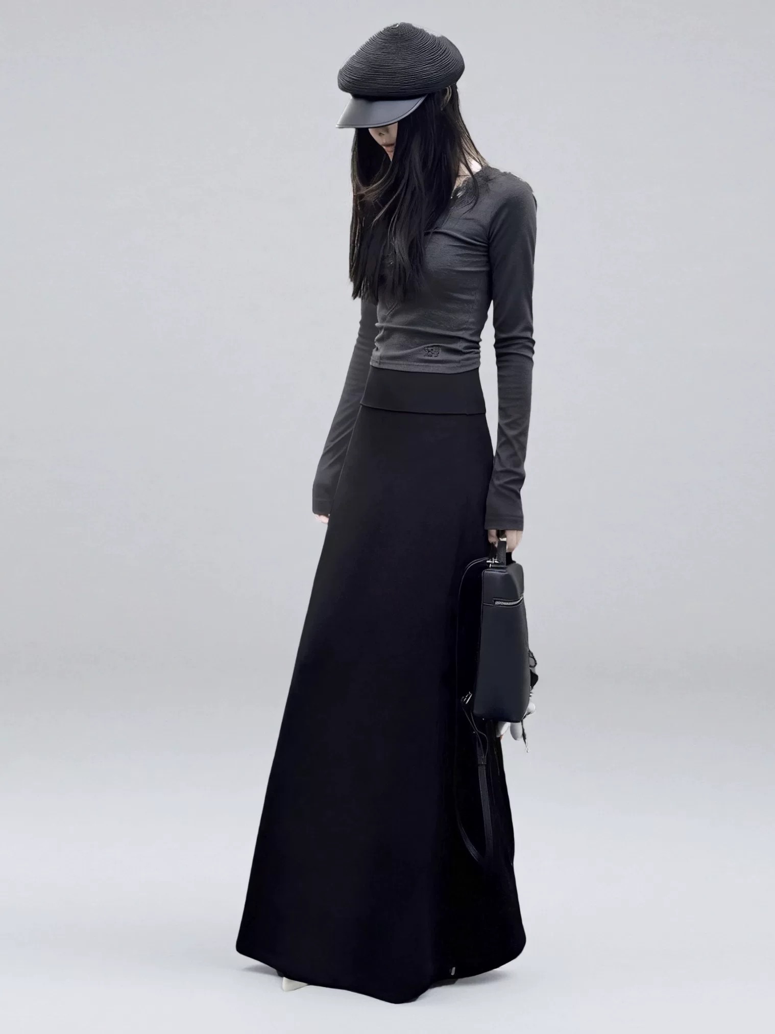 高彈力棉高腰拖地修身A字半身裙