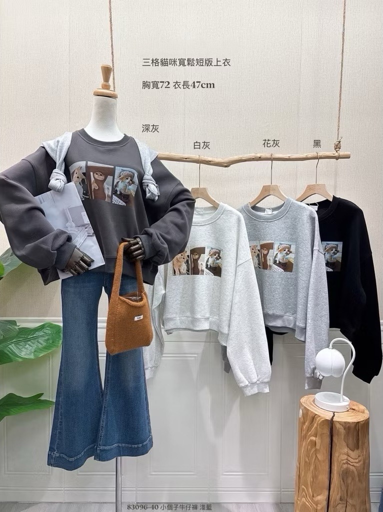 🛒三格貓咪寬鬆短版大學T