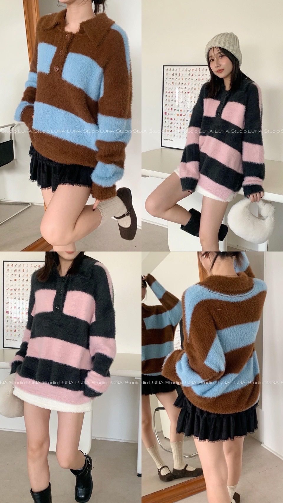 🛒Jennie同款✨半排釦翻領條紋毛衣