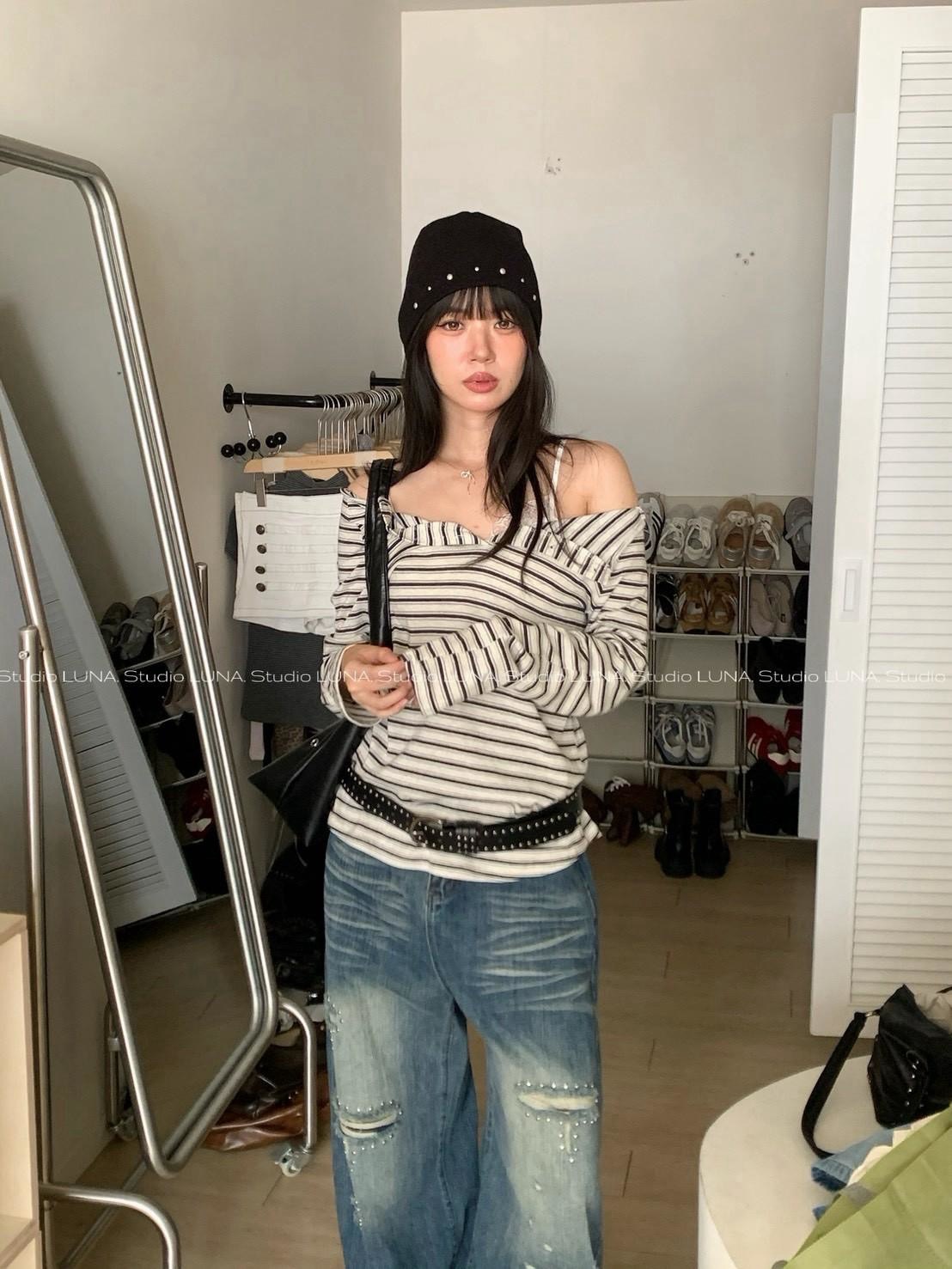 🛒半排釦條紋一字上衣