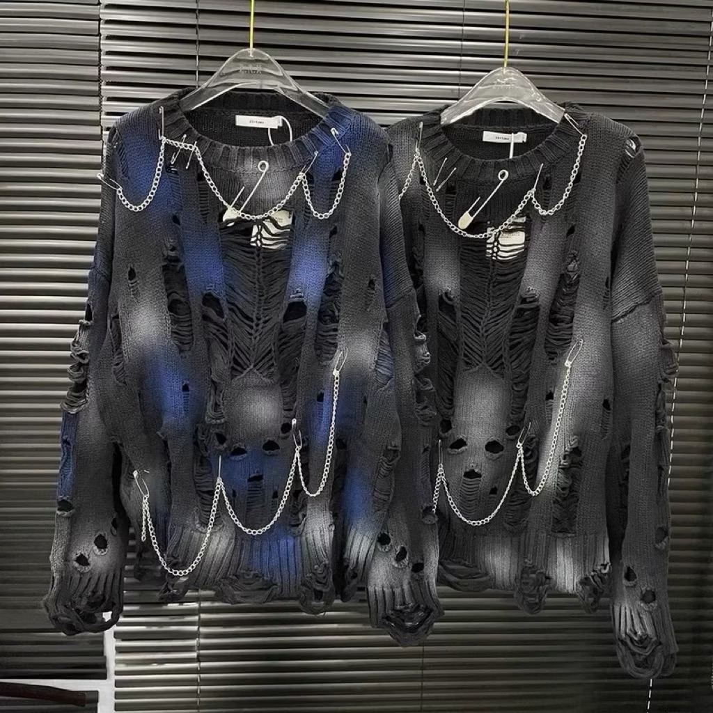 【Eternity】美式龐克復古小眾擦色紮染刷破鏈條破洞毛衣 韓系慵懶風破壞風別針裝飾圓領針織毛衣 大學T