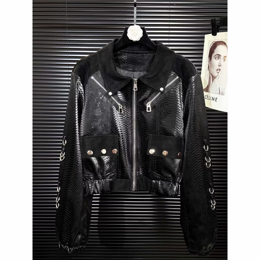 【Eternity】龐克暗黑風重工多拉鏈圓環 鉚釘設計感蛇紋漆皮PU皮革衣外套秋冬季寬鬆夾克 機車外套