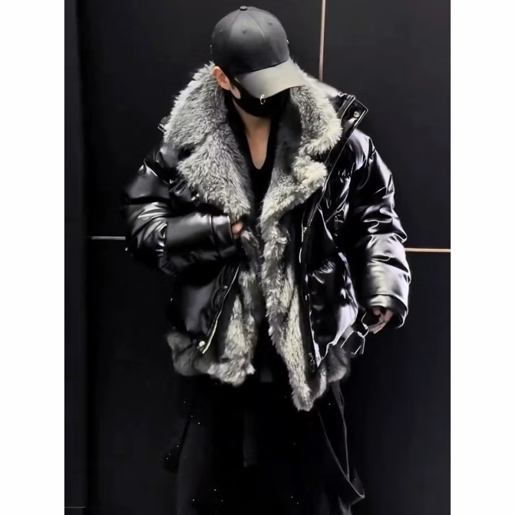 【Eternity】龐克暗黑 高級感豹紋絨毛刷毛拼接假兩件羽絨外套 加厚加絨保暖麵包外套 小眾亮皮設計感外套