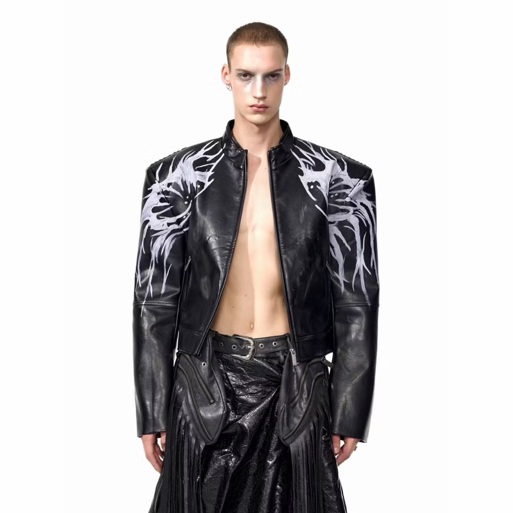 【Eternity】火焰噴漆塗鴉後背手繪短皮衣外套 秋季暗黑龐克風嘻哈街頭拉鍊設計感墊肩夾克