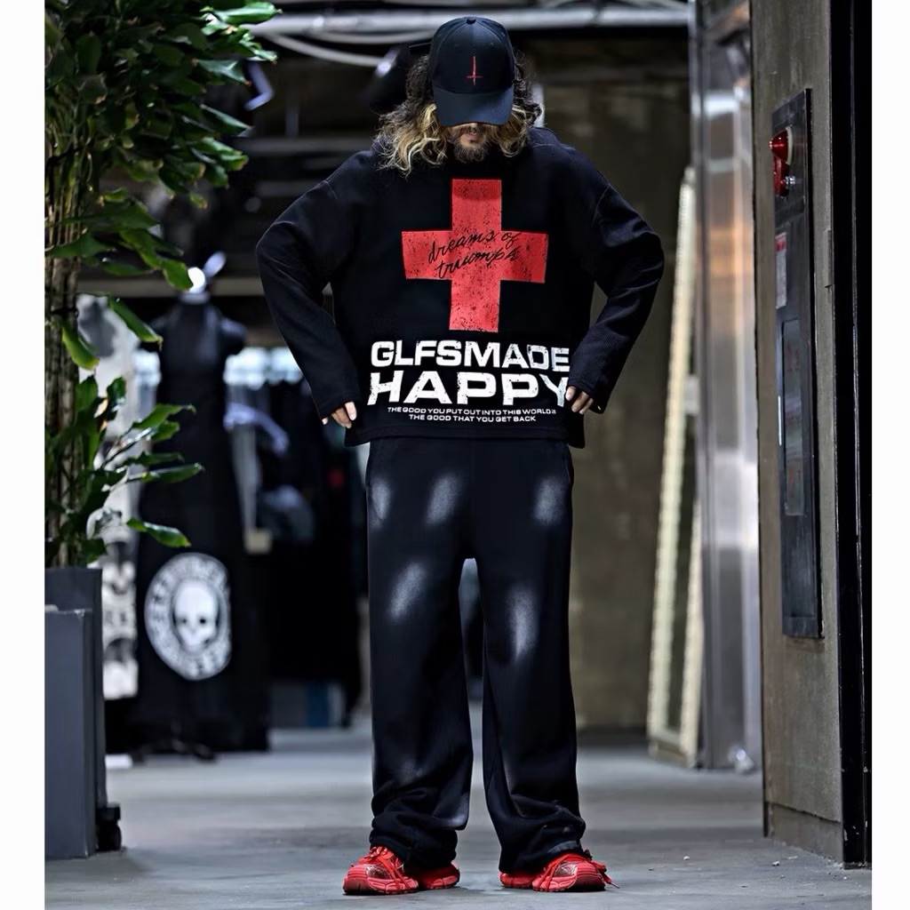 【Eternity】美式潮牌街頭嘻哈十字架長袖套卹 秋季龐克寬鬆印花純棉運動休閒圓領T卹 大學T