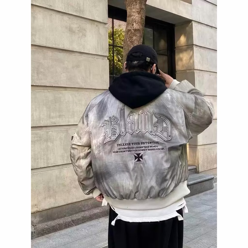 【Eternity】龐克嘻哈街頭重磅刺繡設計塗鴉噴漆棒球外套 韓版寬鬆連帽夾克外套水洗做舊假兩件