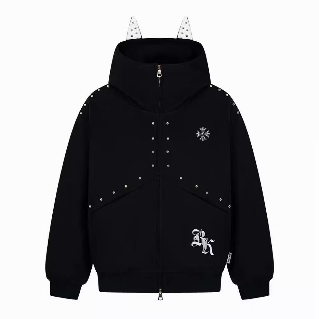 【Eternity】龐克美式復古惡魔角鉚釘連帽棉外套 克羅心十字架口袋寬鬆休閒情侶百搭拉鍊上衣外套