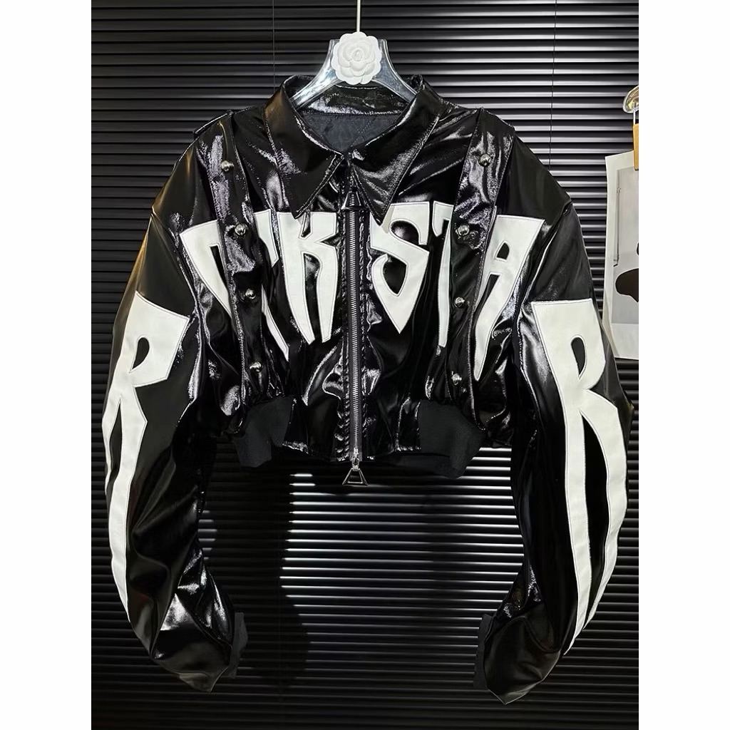 【Eternity】黑暗朋克風格 黑白英文字母刺繡噴漆漆皮鉚釘蝙蝠袖PU皮革衣外套 嘻哈街頭假兩件設計感蜘蛛羽絨抓皺外套