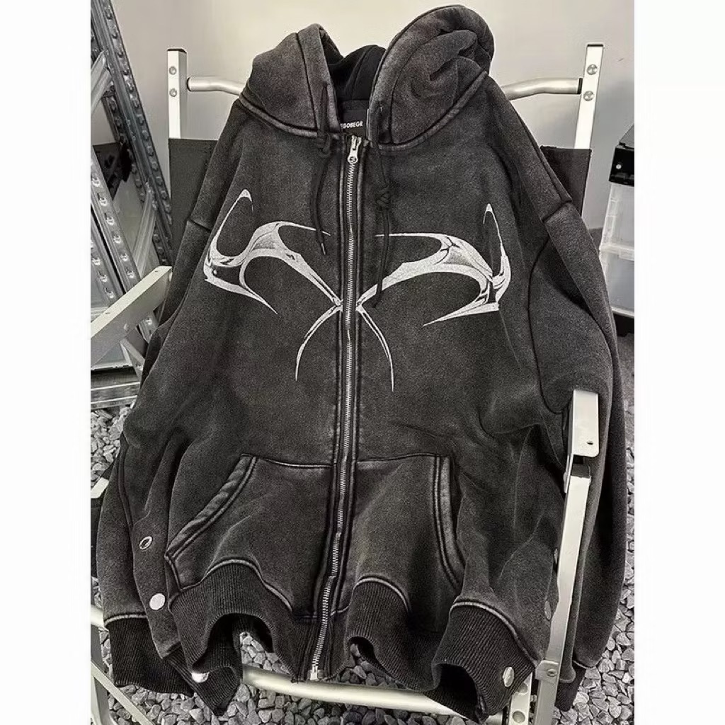 【Eternity】龐克風格暗黑火焰設計感嘻哈街頭加絨加厚水洗衛衣 秋冬做舊痞帥純棉連帽外套 棉外套