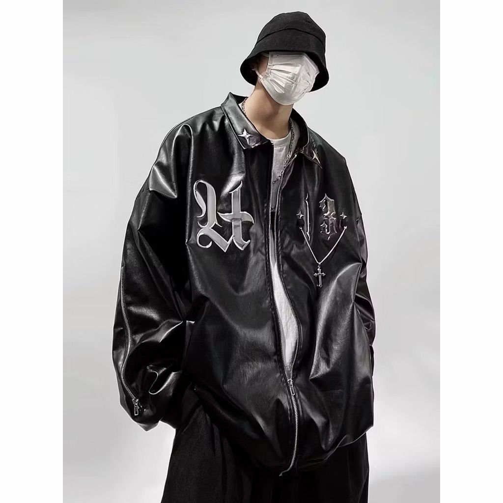 【Eternity】朋克暗黑美式潮牌機車外套 棒球夾克街頭嘻哈ins風 鏈條設計感pu皮革寬鬆休閒皮衣外套