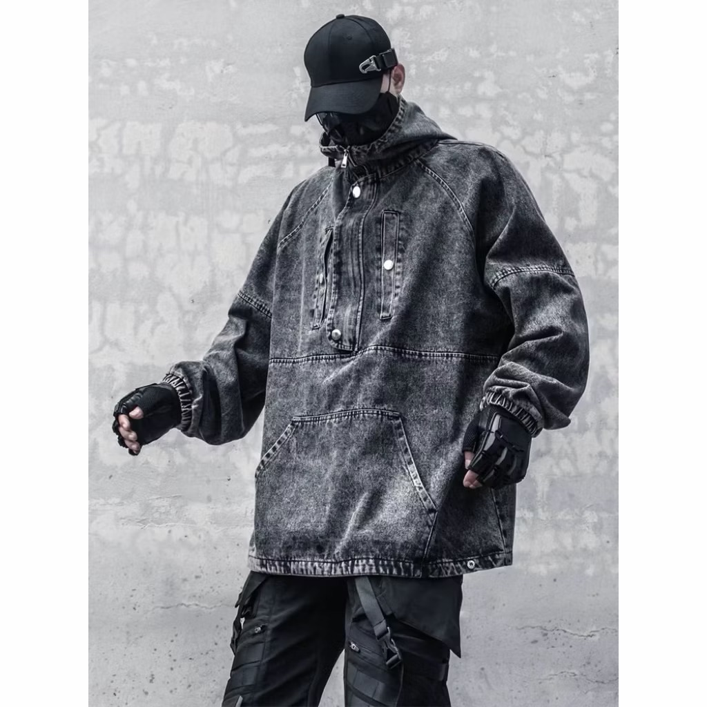 【Eternity】小眾復古高街水洗做舊慵懶風牛仔外套 連帽衛衣oversize夾克街頭嘻哈口袋帽踢 帽T