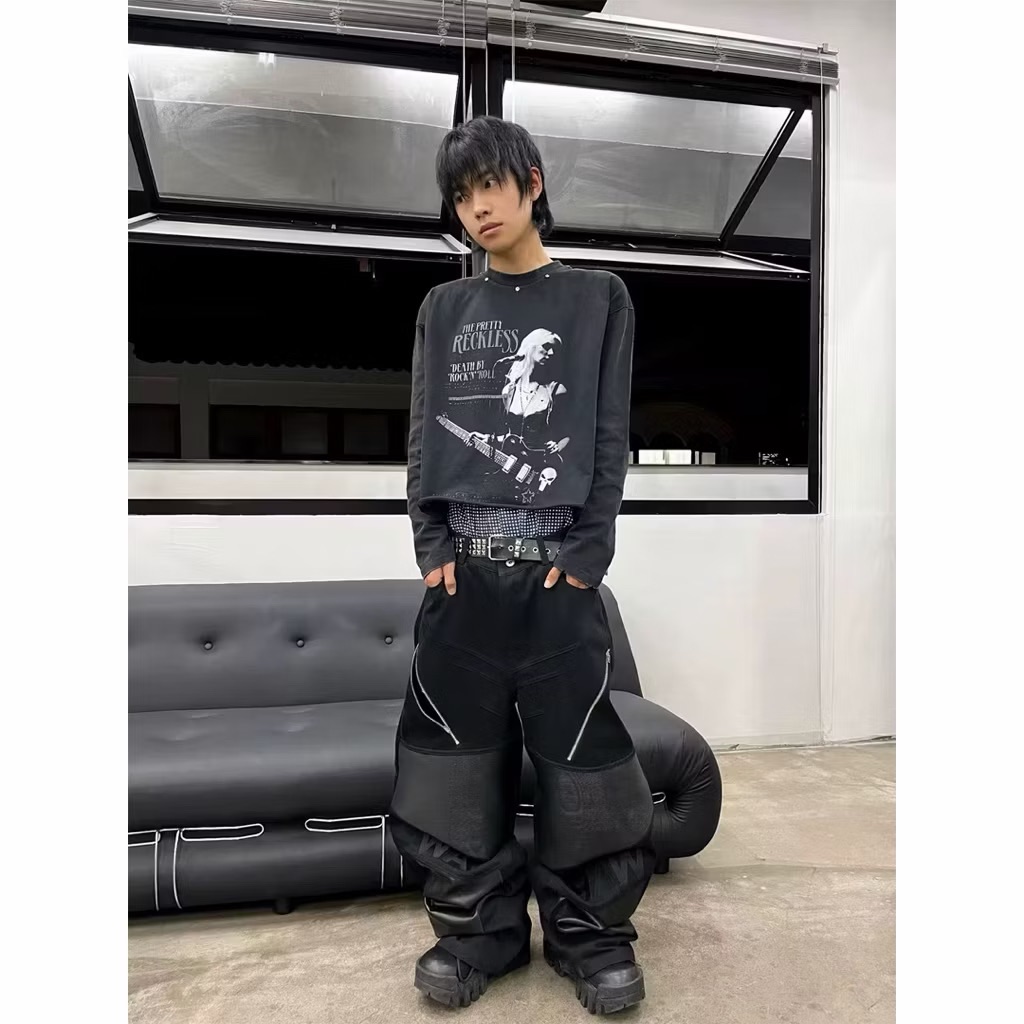 【Eternity】暗黑亞文化嘻哈街頭朋克風格 樂隊系列 鉚釘水洗做英文印花做舊長袖T卹 人像印花上衣 大學T