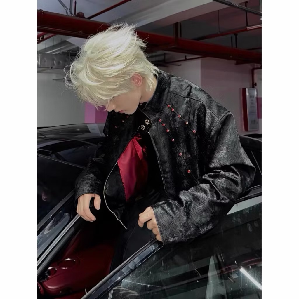 【Eternity】龐克亞文化設計感小眾蟒蛇紋理pu皮革 反光立領翻領皮夾克 哥德釦子寬鬆痞帥短款墊肩皮衣外套