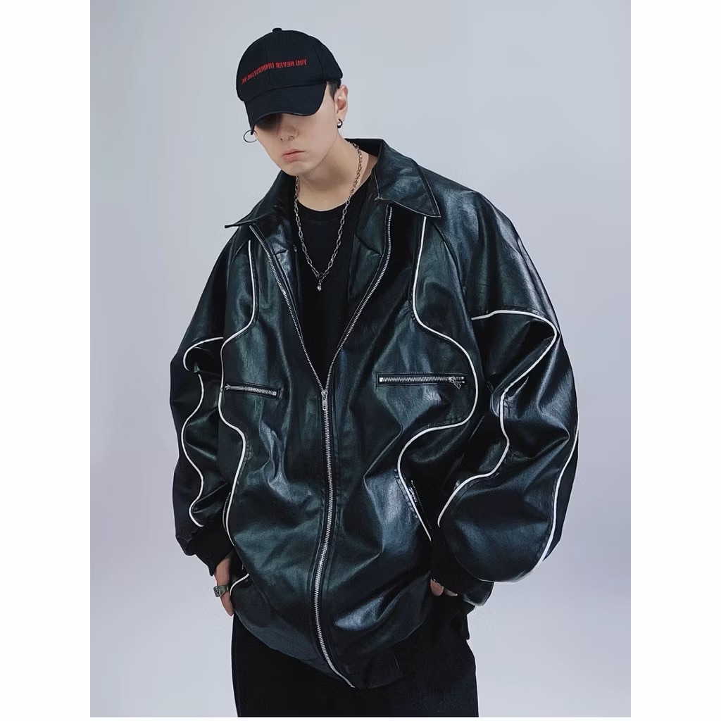 【Eternity】美式龐克風嘻哈街頭潮牌皮衣 機車夾克長袖線條不規則翻領復古棒球外套 多拉鏈曲線設計感外套